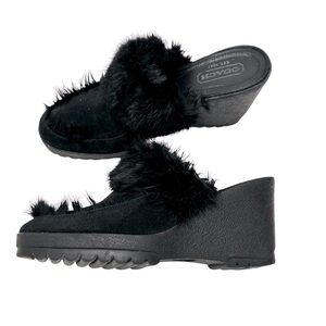 Coach Kaela Suede Rabbit Fur Wedge‎ Mules Sz 8.5